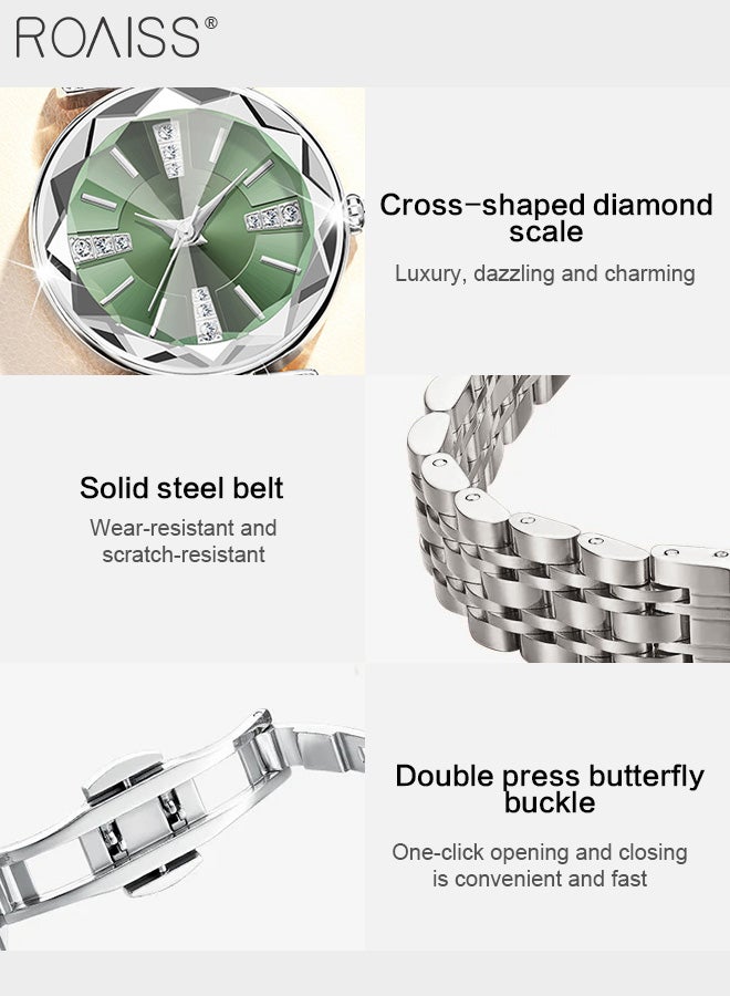 Women's Stainless Steel Strap Quartz Watch, Analog Display Round Green Dial with Rhinestones Decoration, Waterproof Luxurious Wristwatch as Gift for Ladies