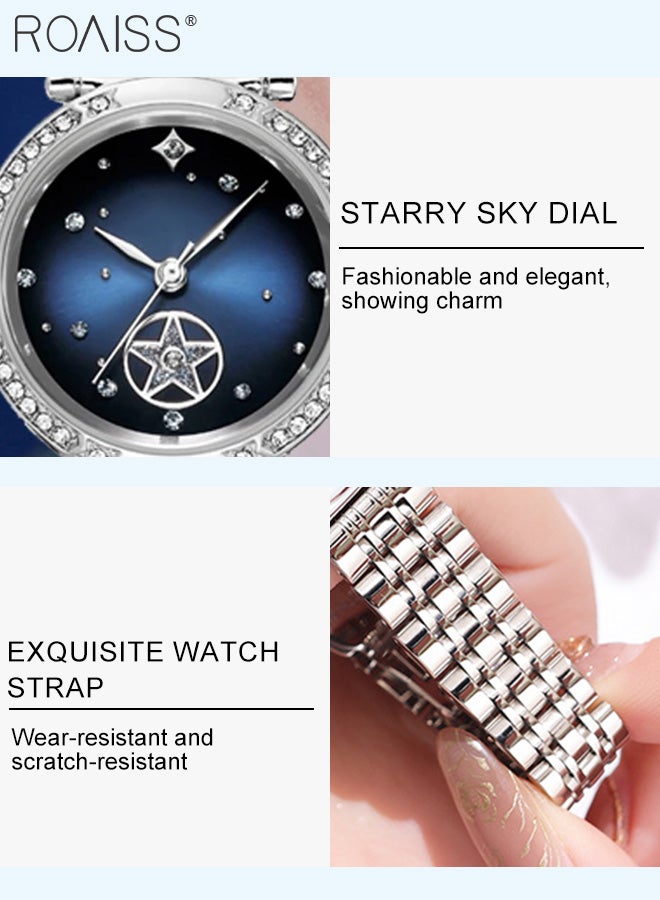 Women's Steel Band Quartz Watch, Analog Display Round Starry Sky Dial with Rhinestones Decoration, Waterproof Luxurious Wristwatch as Gift for Ladies