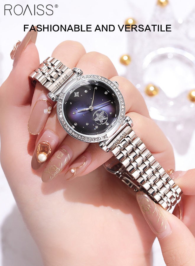 Women's Steel Band Quartz Watch, Analog Display Round Starry Sky Dial with Rhinestones Decoration, Waterproof Luxurious Wristwatch as Gift for Ladies