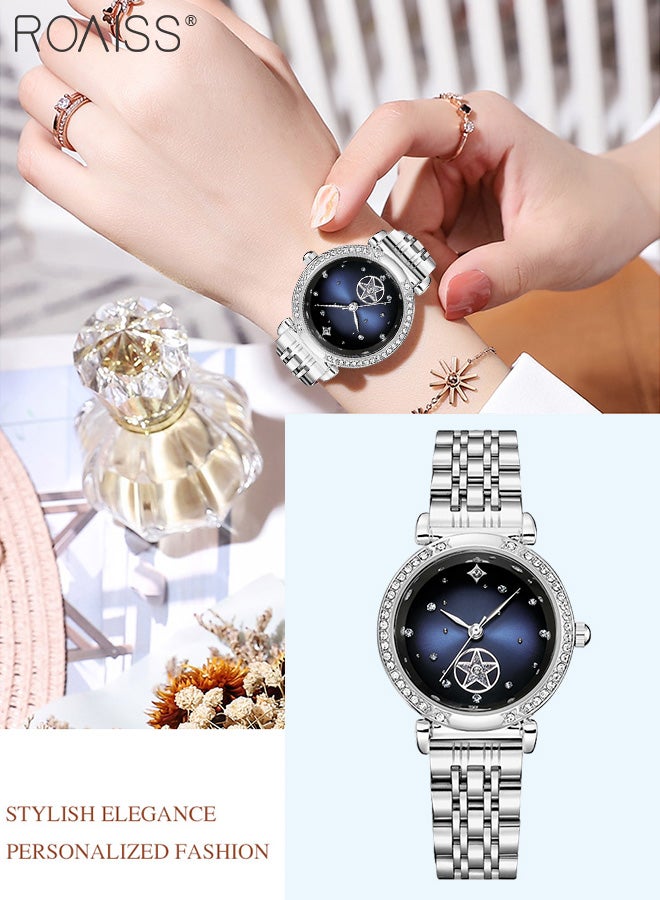 Women's Steel Band Quartz Watch, Analog Display Round Starry Sky Dial with Rhinestones Decoration, Waterproof Luxurious Wristwatch as Gift for Ladies