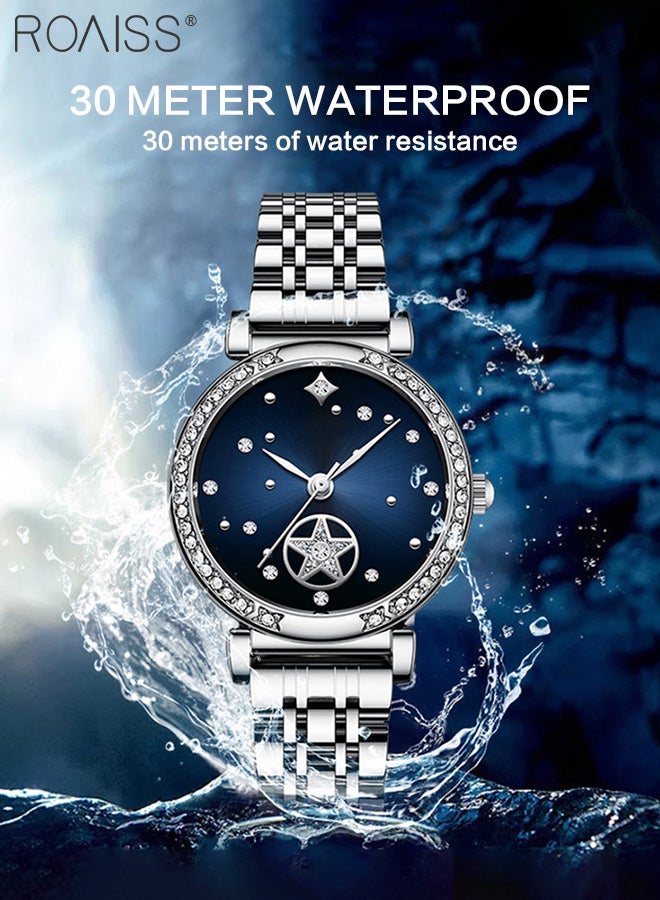 Women's Steel Band Quartz Watch, Analog Display Round Starry Sky Dial with Rhinestones Decoration, Waterproof Luxurious Wristwatch as Gift for Ladies