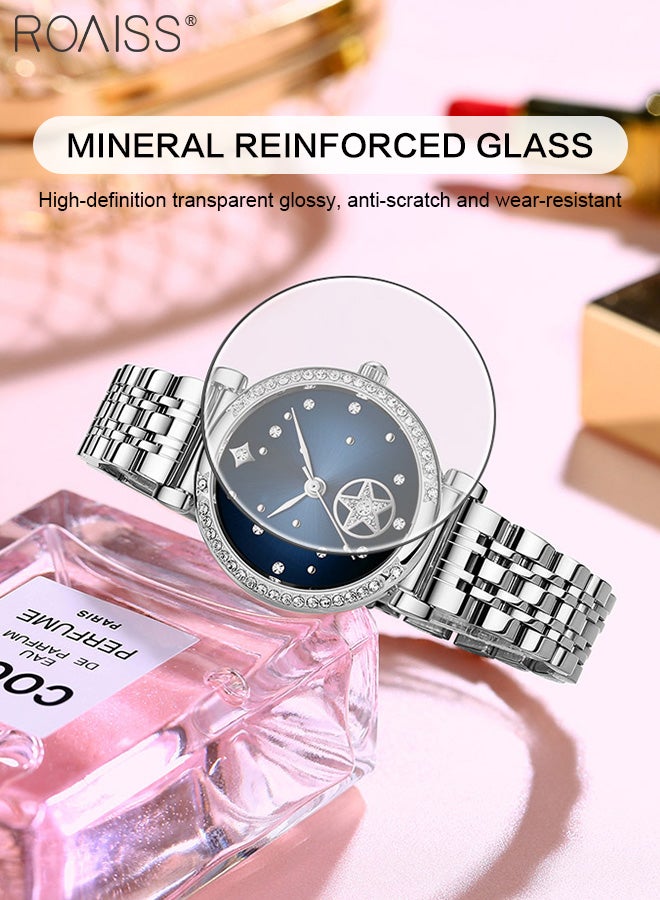 Women's Steel Band Quartz Watch, Analog Display Round Starry Sky Dial with Rhinestones Decoration, Waterproof Luxurious Wristwatch as Gift for Ladies