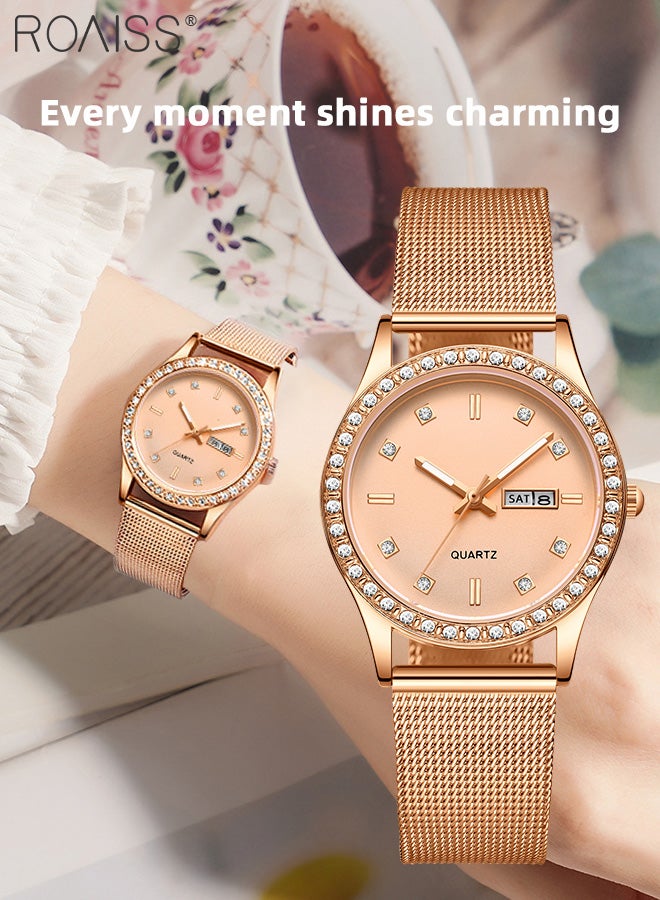 Women's Steel Mesh Strap Quartz Watch, Analog Display Round Dial with Dual Calendar, Luminous Waterproof Luxurious Wristwatch as Gift for Ladies