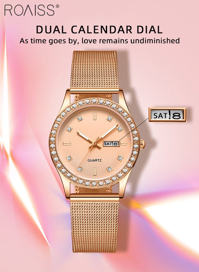 Women's Steel Mesh Strap Quartz Watch, Analog Display Round Dial with Dual Calendar, Luminous Waterproof Luxurious Wristwatch as Gift for Ladies