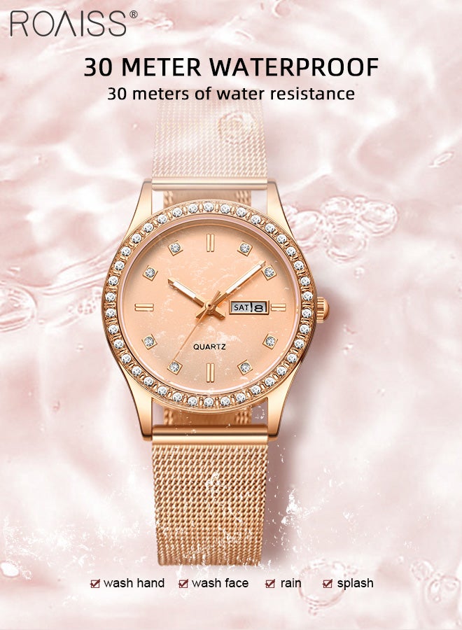 Women's Steel Mesh Strap Quartz Watch, Analog Display Round Dial with Dual Calendar, Luminous Waterproof Luxurious Wristwatch as Gift for Ladies