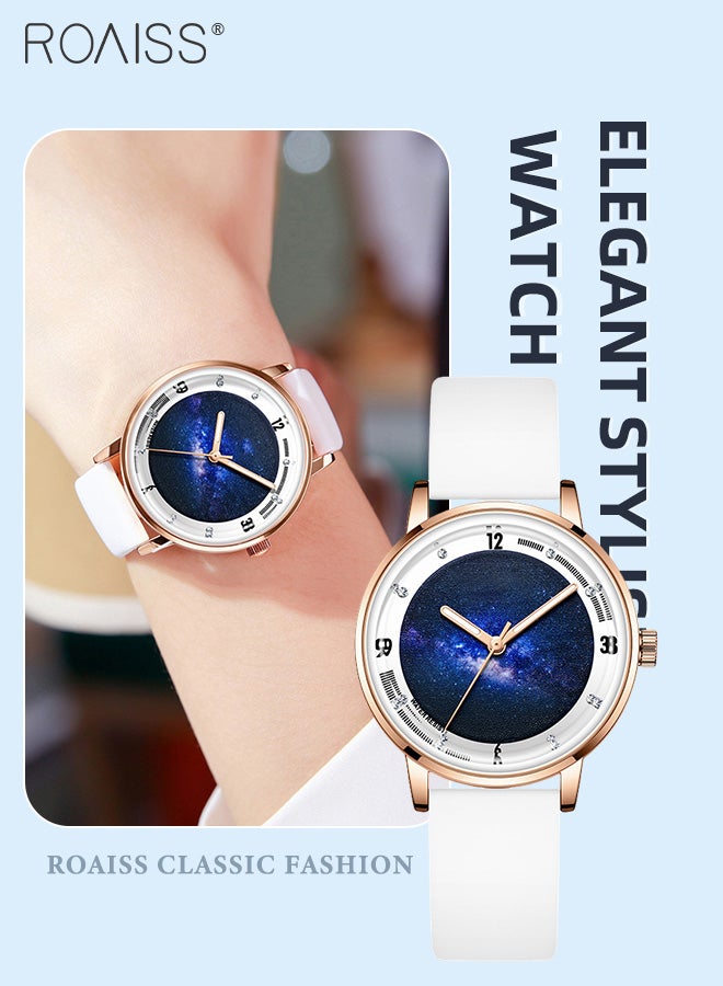 Silicone Strap Quartz Watches for Women, Analog Display Round Starry Sky Dial, Waterproof Luminous Simple WristWatch as Gift for Ladies