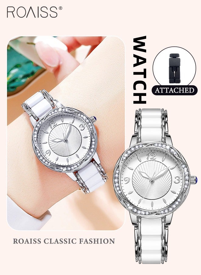 Ceramic Strap Quartz Watch for Women Analog Display Round Flower-Shaped Dial Decorated with Rhinestones Waterproof Simple Stylish Wristwatch as Gift for Ladies