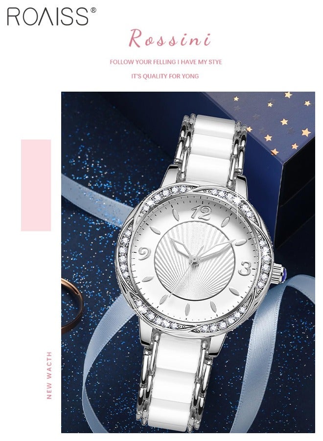 Ceramic Strap Quartz Watch for Women Analog Display Round Flower-Shaped Dial Decorated with Rhinestones Waterproof Simple Stylish Wristwatch as Gift for Ladies