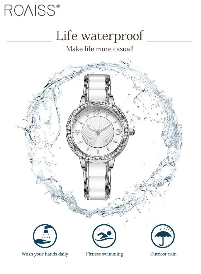 Ceramic Strap Quartz Watch for Women Analog Display Round Flower-Shaped Dial Decorated with Rhinestones Waterproof Simple Stylish Wristwatch as Gift for Ladies