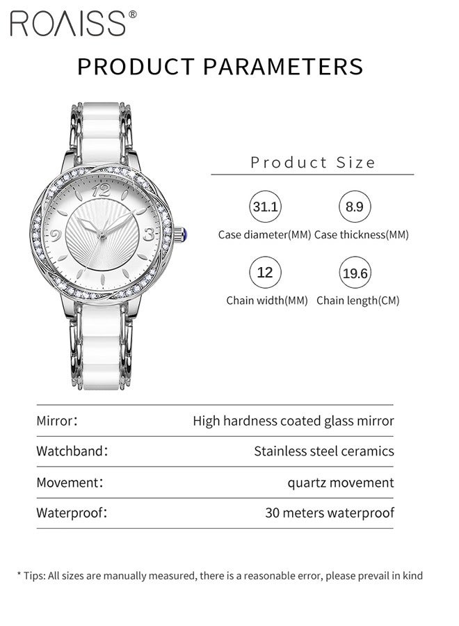 Ceramic Strap Quartz Watch for Women Analog Display Round Flower-Shaped Dial Decorated with Rhinestones Waterproof Simple Stylish Wristwatch as Gift for Ladies