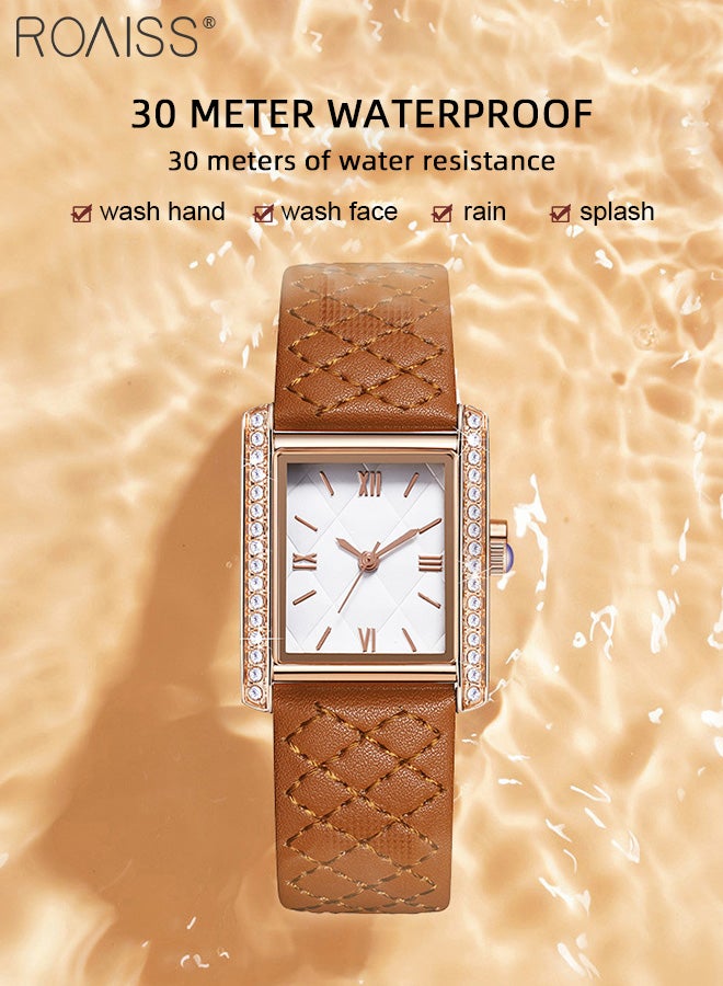 Women's Leather Strap Quartz Watch, Analog Display Rhombic Texture Dial with Rhinestones Decorated Bezel, Waterproof Fashionable Simple Wristwatch as Gift for Ladies