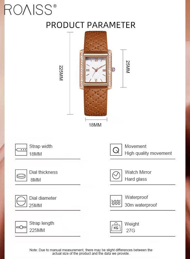 Women's Leather Strap Quartz Watch, Analog Display Rhombic Texture Dial with Rhinestones Decorated Bezel, Waterproof Fashionable Simple Wristwatch as Gift for Ladies