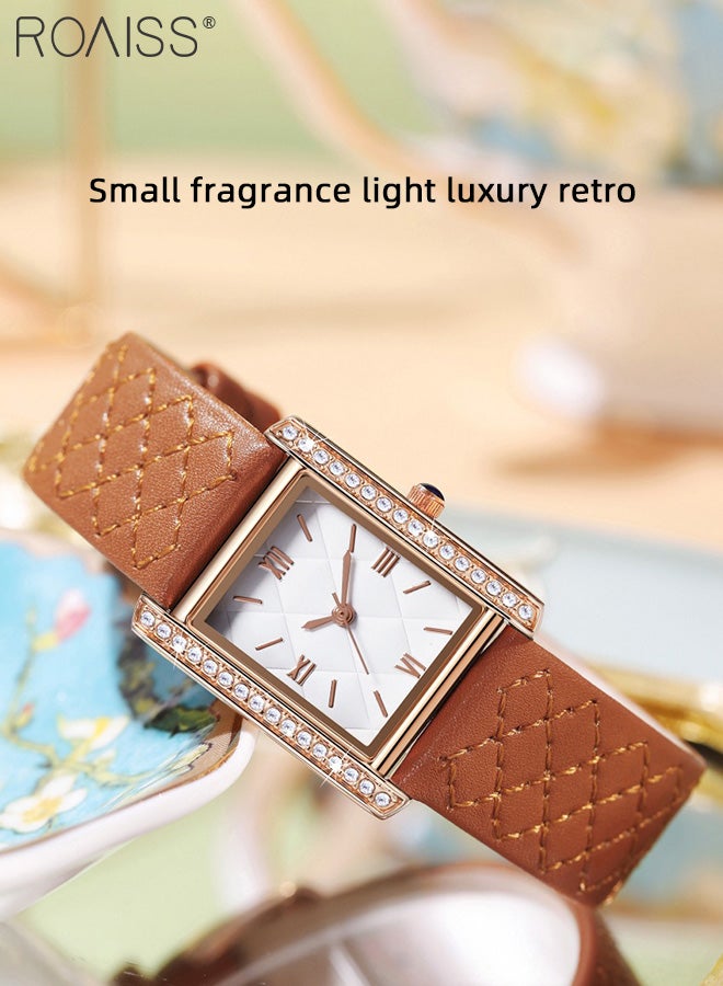 Women's Leather Strap Quartz Watch, Analog Display Rhombic Texture Dial with Rhinestones Decorated Bezel, Waterproof Fashionable Simple Wristwatch as Gift for Ladies