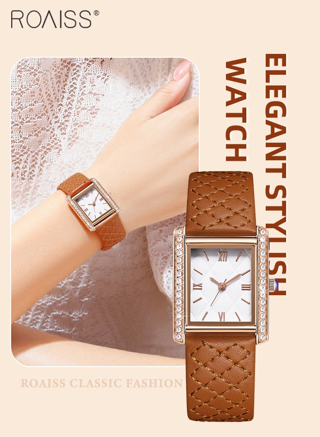 Women's Leather Strap Quartz Watch, Analog Display Rhombic Texture Dial with Rhinestones Decorated Bezel, Waterproof Fashionable Simple Wristwatch as Gift for Ladies