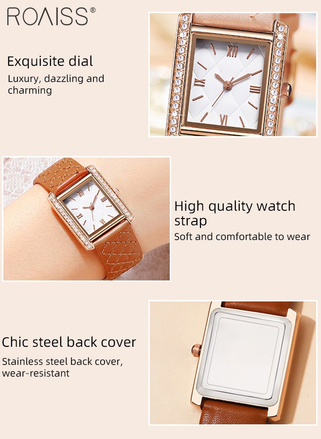 Women's Leather Strap Quartz Watch, Analog Display Rhombic Texture Dial with Rhinestones Decorated Bezel, Waterproof Fashionable Simple Wristwatch as Gift for Ladies