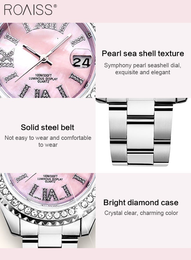 Women's Steel Band Quartz Watch, Analog Display Round Pearl Seashell Texture Dial with Diamonds Decoration, Waterproof High-end Wristwatch as Gift for Ladies