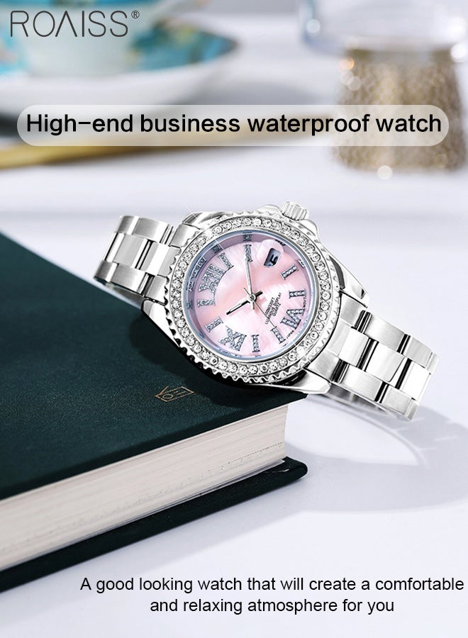 Women's Steel Band Quartz Watch, Analog Display Round Pearl Seashell Texture Dial with Diamonds Decoration, Waterproof High-end Wristwatch as Gift for Ladies