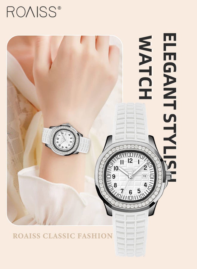 Women's Silicone Strap Quartz Watch, Analog Display Round Dial with Rhinestones Decorated Bezel, Waterproof Fashion Simple Wristwatch as Gift for Ladies