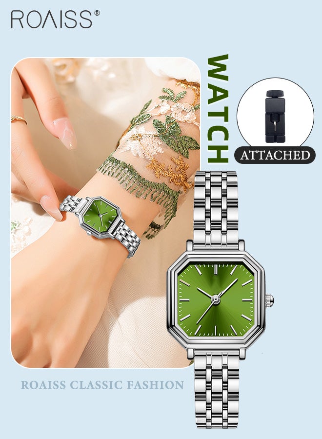 Women's Steel Strap Quartz Watch, Analog Display Square Green Dial, Fashion Luxurious Simple Waterproof Wristwatch as Gift for Ladies