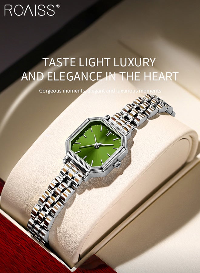 Women's Steel Strap Quartz Watch, Analog Display Square Green Dial, Fashion Luxurious Simple Waterproof Wristwatch as Gift for Ladies