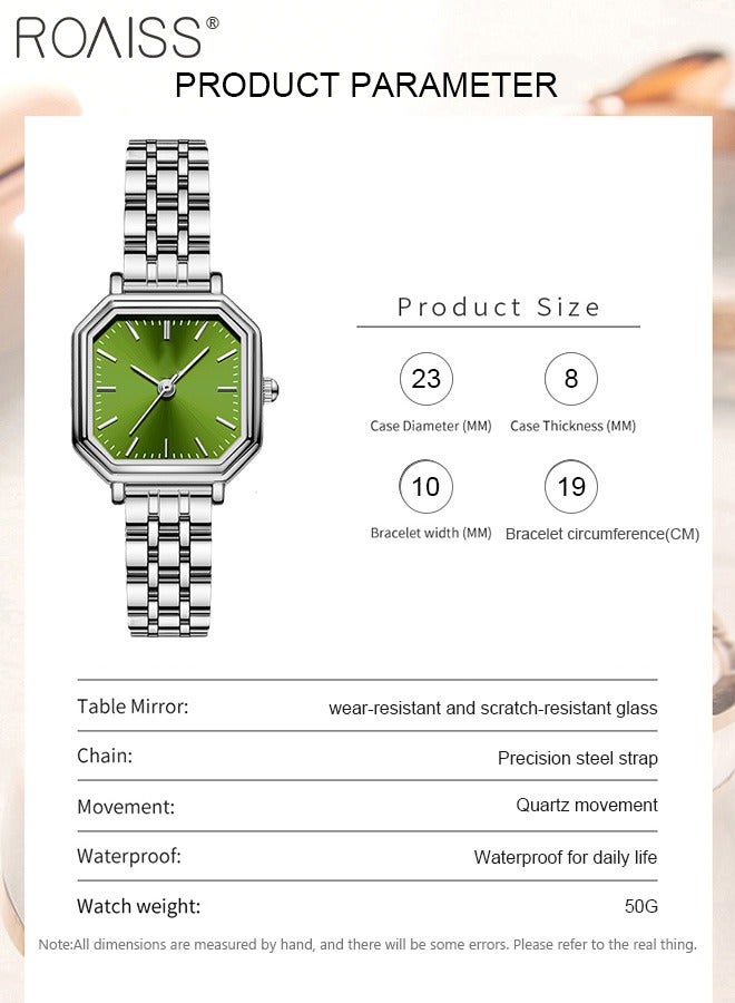 Women's Steel Strap Quartz Watch, Analog Display Square Green Dial, Fashion Luxurious Simple Waterproof Wristwatch as Gift for Ladies