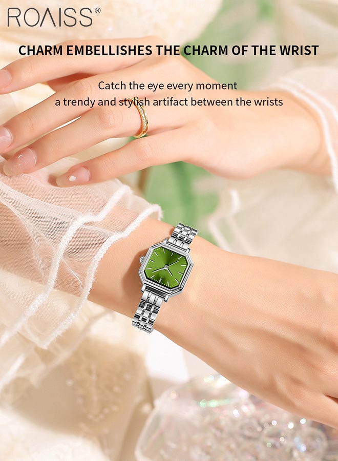 Women's Steel Strap Quartz Watch, Analog Display Square Green Dial, Fashion Luxurious Simple Waterproof Wristwatch as Gift for Ladies