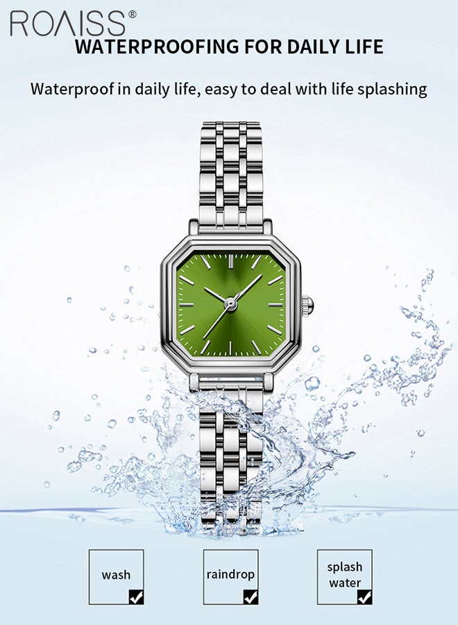 Women's Steel Strap Quartz Watch, Analog Display Square Green Dial, Fashion Luxurious Simple Waterproof Wristwatch as Gift for Ladies