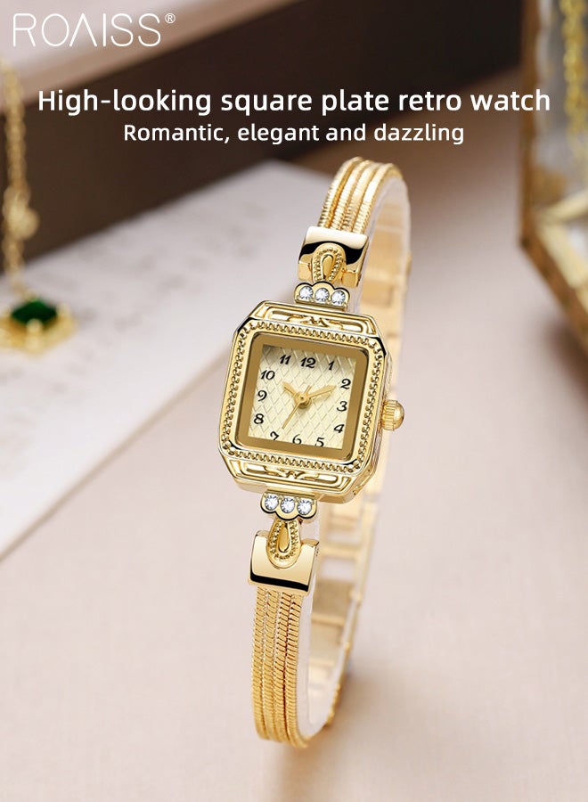 Women's Copper Bracelet Strap Quartz Watches, Analog Display Square Dial with Rhinestones Decoration, Waterproof Luxurious Retro Wristwatch as Gift for Ladies