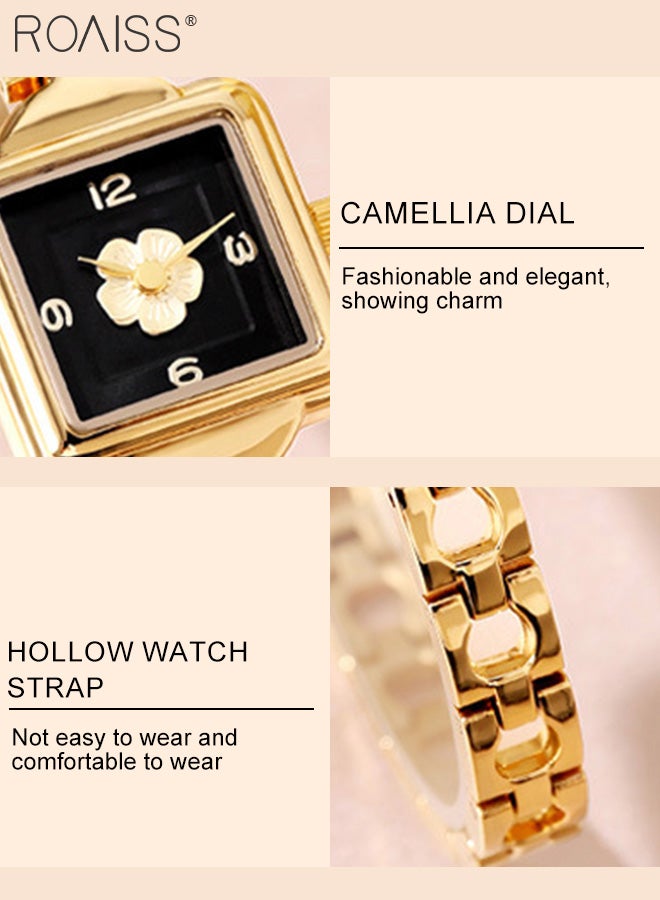 Women's Alloy Strap Quartz Watch, Analog Display Square Camellia Pattern Dial, Waterproof Luxurious Vintage Wristwatch as Gift for Ladies