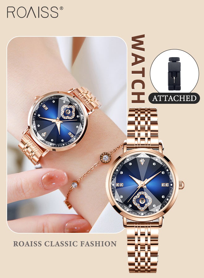 Women's Stainless Steel Strap Quartz Watch, Analog Display Round Dial with Rhinestones Decoration, Fashionable Waterproof Luminous Wristwatch as Gift for Ladies