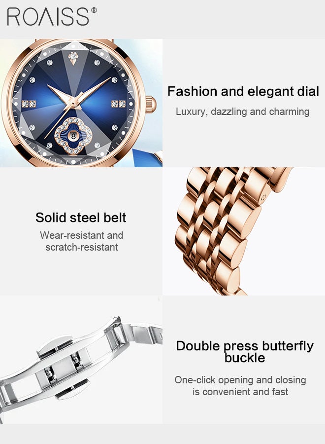 Women's Stainless Steel Strap Quartz Watch, Analog Display Round Dial with Rhinestones Decoration, Fashionable Waterproof Luminous Wristwatch as Gift for Ladies