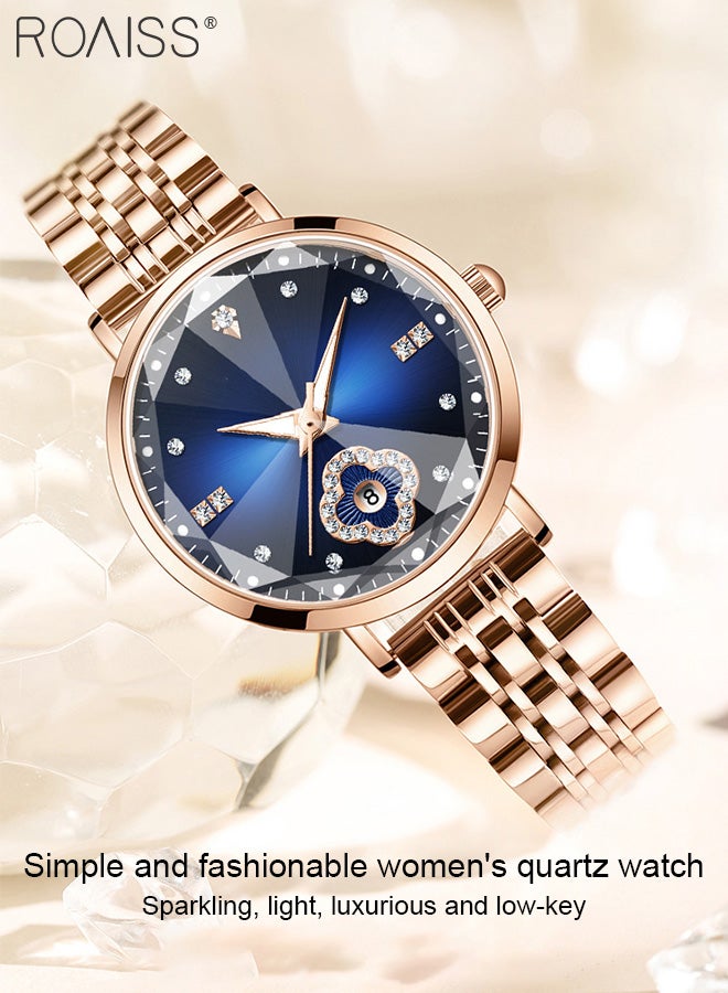 Women's Stainless Steel Strap Quartz Watch, Analog Display Round Dial with Rhinestones Decoration, Fashionable Waterproof Luminous Wristwatch as Gift for Ladies