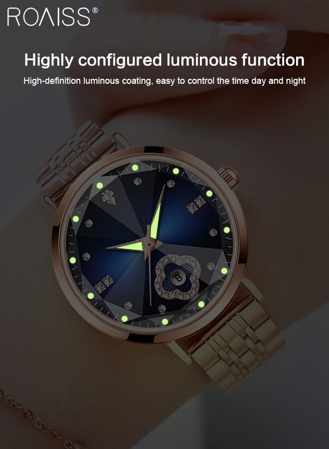 Women's Stainless Steel Strap Quartz Watch, Analog Display Round Dial with Rhinestones Decoration, Fashionable Waterproof Luminous Wristwatch as Gift for Ladies