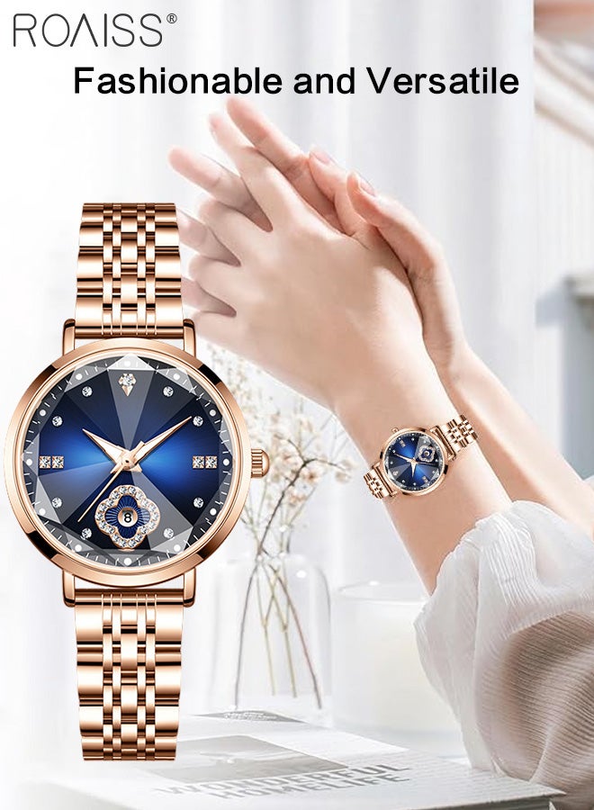 Women's Stainless Steel Strap Quartz Watch, Analog Display Round Dial with Rhinestones Decoration, Fashionable Waterproof Luminous Wristwatch as Gift for Ladies