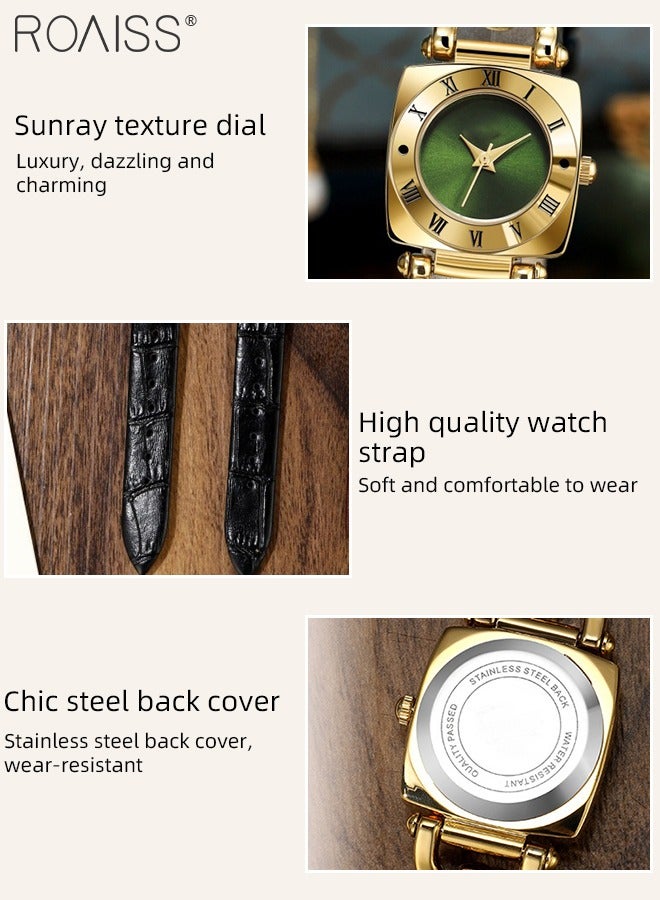 Women's Leather Strap Quartz Watch, Analog Display Square Green Dial, Fashionable Retro Waterproof Simple Wristwatch as Gift for Ladies