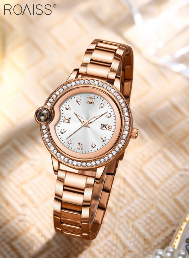 Women's Stainless Steel Strap Quartz Watch, Analog Display Round Dial with Zirconium Diamonds Decoration, Luminous Waterproof Luxurious Wristwatchas Gift for Ladies