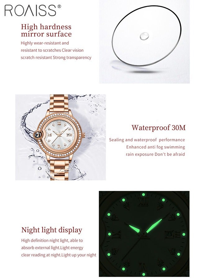 Women's Stainless Steel Strap Quartz Watch, Analog Display Round Dial with Zirconium Diamonds Decoration, Luminous Waterproof Luxurious Wristwatchas Gift for Ladies