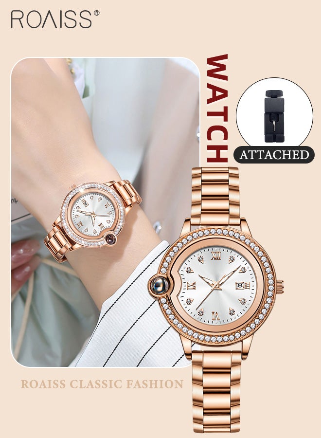 Women's Stainless Steel Strap Quartz Watch, Analog Display Round Dial with Zirconium Diamonds Decoration, Luminous Waterproof Luxurious Wristwatchas Gift for Ladies