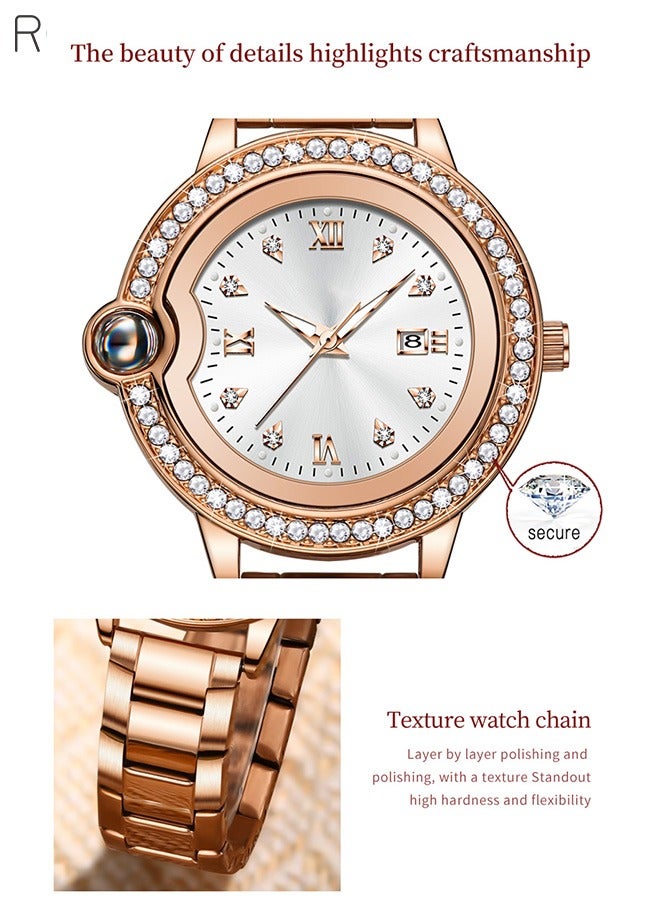 Women's Stainless Steel Strap Quartz Watch, Analog Display Round Dial with Zirconium Diamonds Decoration, Luminous Waterproof Luxurious Wristwatchas Gift for Ladies