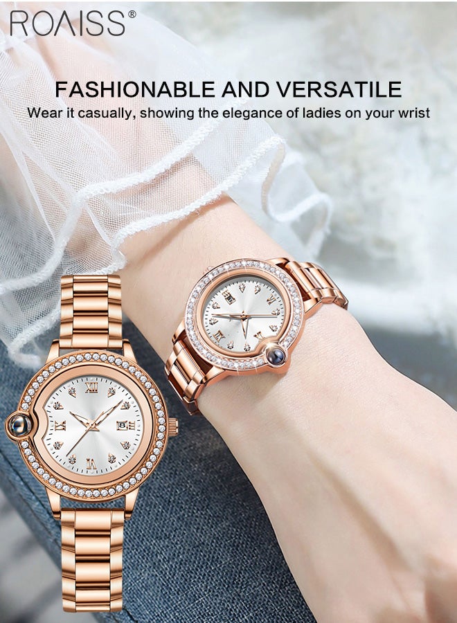 Women's Stainless Steel Strap Quartz Watch, Analog Display Round Dial with Zirconium Diamonds Decoration, Luminous Waterproof Luxurious Wristwatchas Gift for Ladies