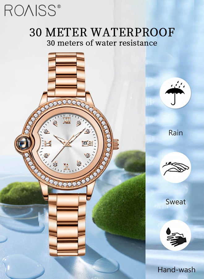 Women's Stainless Steel Strap Quartz Watch, Analog Display Round Dial with Zirconium Diamonds Decoration, Luminous Waterproof Luxurious Wristwatchas Gift for Ladies