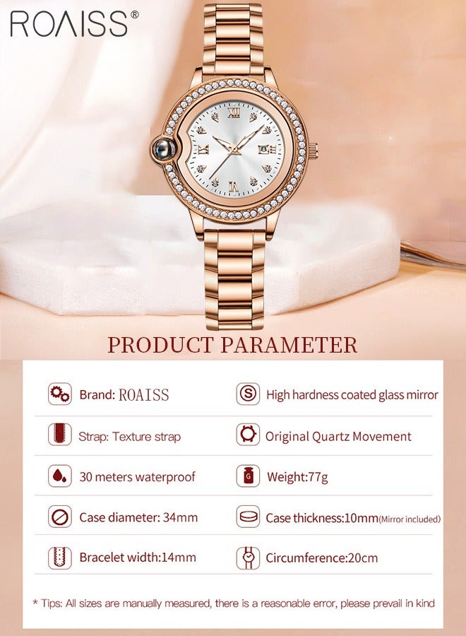 Women's Stainless Steel Strap Quartz Watch, Analog Display Round Dial with Zirconium Diamonds Decoration, Luminous Waterproof Luxurious Wristwatchas Gift for Ladies