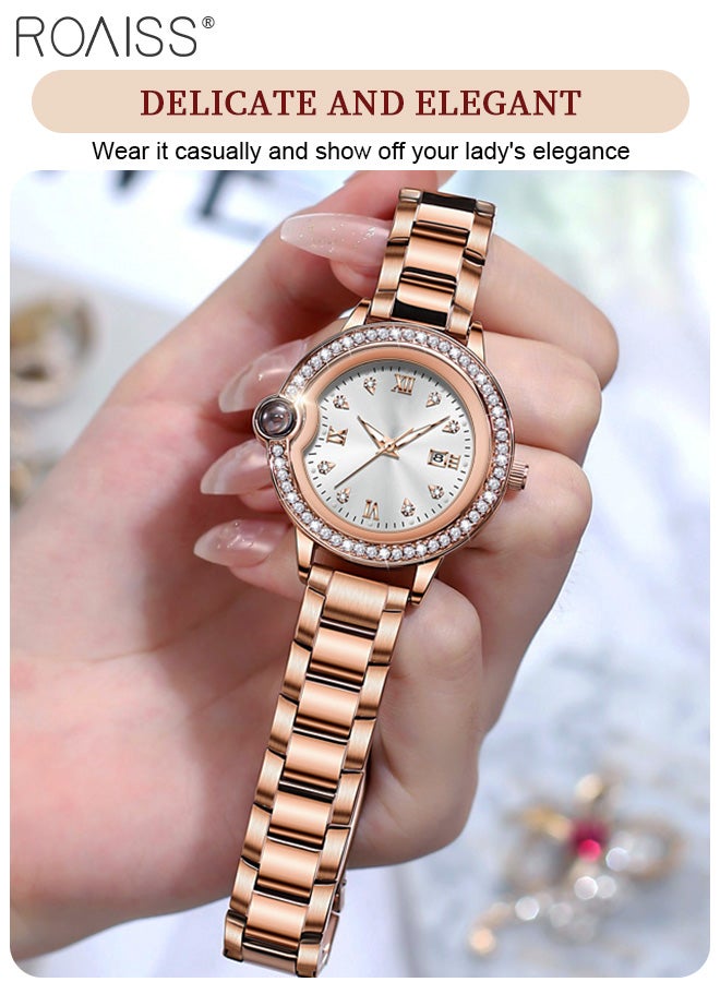 Women's Stainless Steel Strap Quartz Watch, Analog Display Round Dial with Zirconium Diamonds Decoration, Luminous Waterproof Luxurious Wristwatchas Gift for Ladies