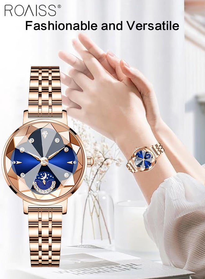 Women's Steel Band Quartz Watch, Analog Display Round Dial with Rhinestones Decoration, Waterproof Fashionable Luxurious Wristwatch with Moon Phase Display as Gift for Ladies