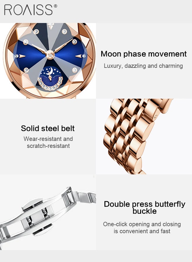 Women's Steel Band Quartz Watch, Analog Display Round Dial with Rhinestones Decoration, Waterproof Fashionable Luxurious Wristwatch with Moon Phase Display as Gift for Ladies