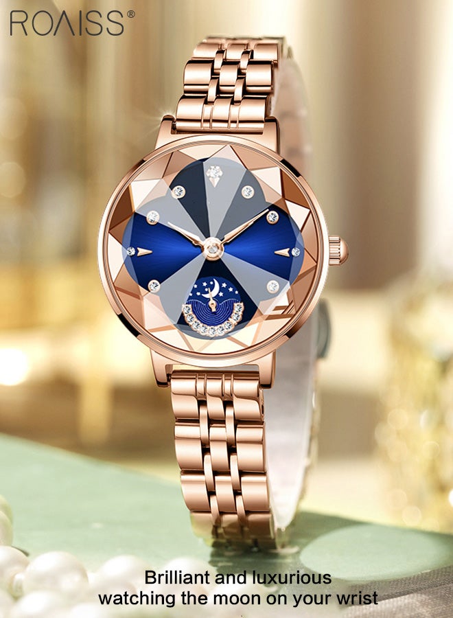 Women's Steel Band Quartz Watch, Analog Display Round Dial with Rhinestones Decoration, Waterproof Fashionable Luxurious Wristwatch with Moon Phase Display as Gift for Ladies