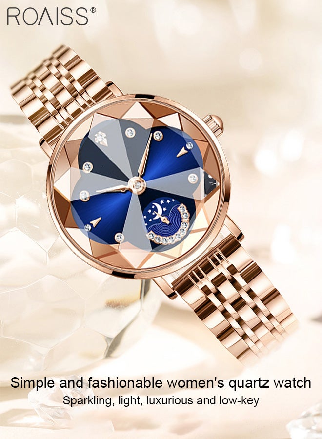 Women's Steel Band Quartz Watch, Analog Display Round Dial with Rhinestones Decoration, Waterproof Fashionable Luxurious Wristwatch with Moon Phase Display as Gift for Ladies