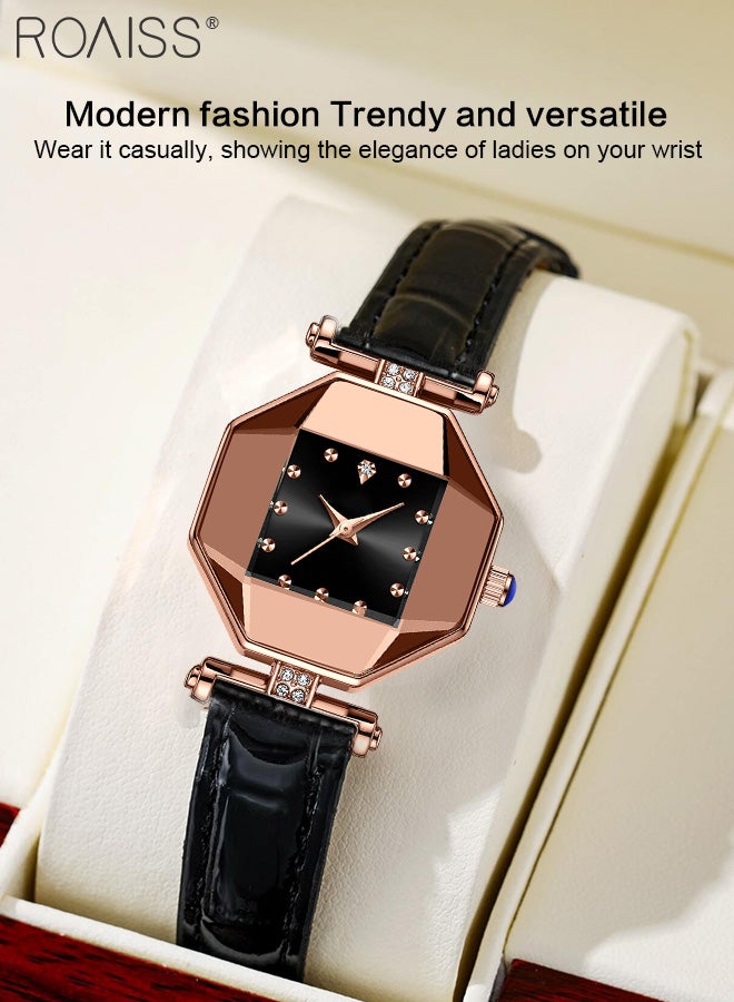 Women's Leather Strap Quartz Watch, Analog Display Octagon Dial with Zirconium Diamonds Decoration, Waterproof Luxurious Wristwatch as Gift for Ladies