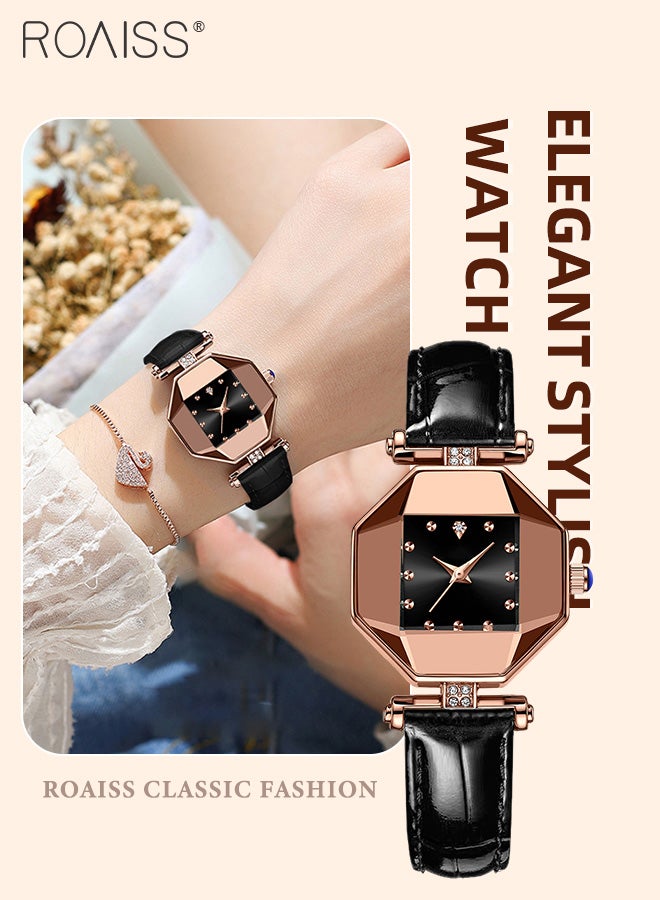 Women's Leather Strap Quartz Watch, Analog Display Octagon Dial with Zirconium Diamonds Decoration, Waterproof Luxurious Wristwatch as Gift for Ladies