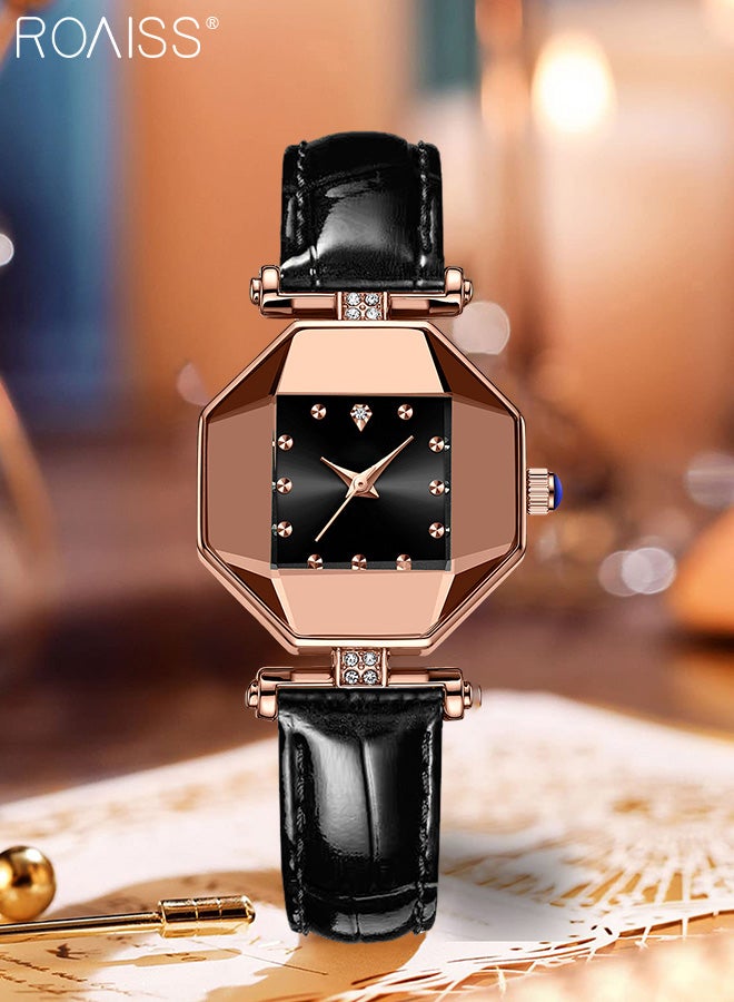 Women's Leather Strap Quartz Watch, Analog Display Octagon Dial with Zirconium Diamonds Decoration, Waterproof Luxurious Wristwatch as Gift for Ladies